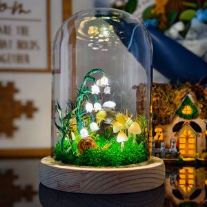 Fairy Mushroom Lamp Terrarium with LED Lily of the Valley, Snail, Moss, Miniature Forest Night Light, Cottagecore Decor Gift for Her or Kids